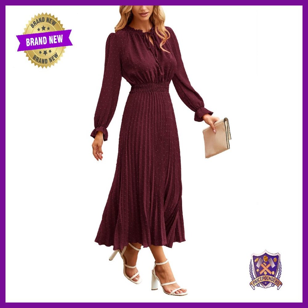Long Sleeve V Neck Midi Dress A Line Flowy Swiss Dot Casual